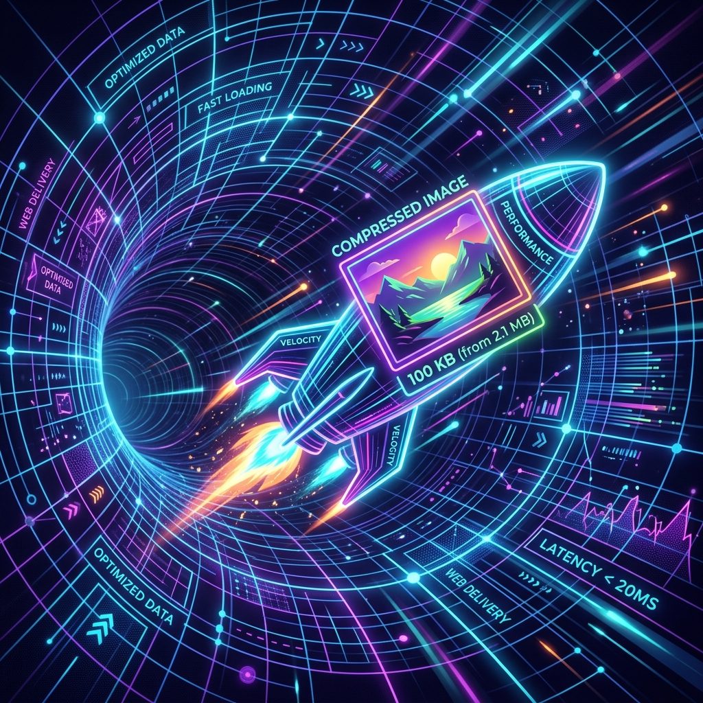 Fast Rocket Ship Speeding Through Digital Tunnel With Compressed Image