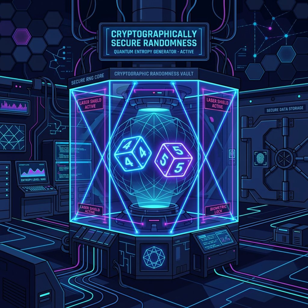 High-tech conceptual illustration of glowing digital dice inside a highly secure vault